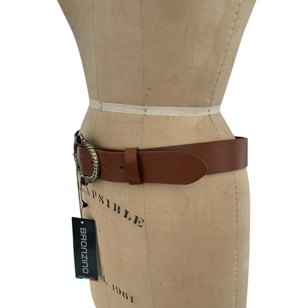 Bronzino Wide Brown Leather Belt with Brass Buckle