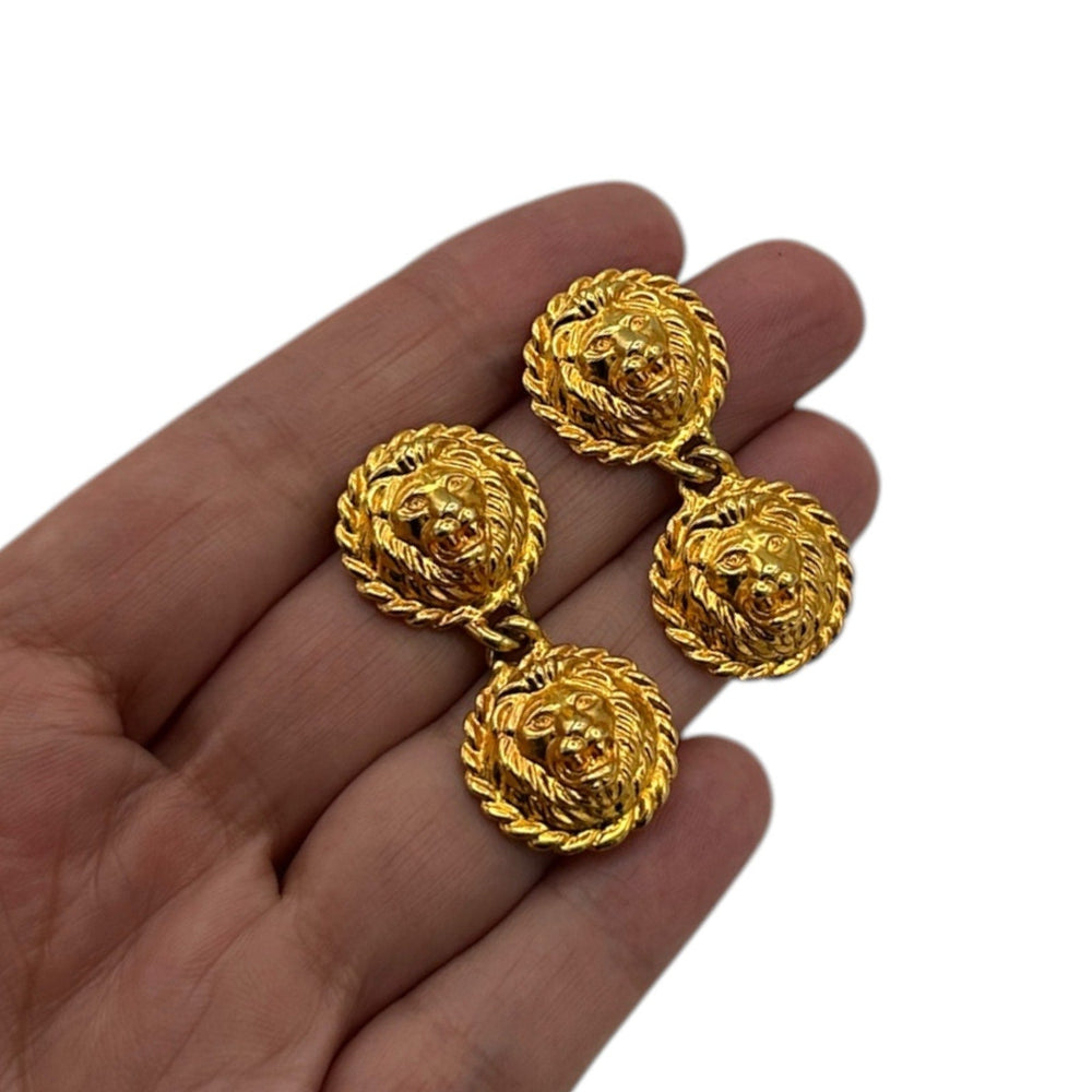 EarringsAnne Klein AK Signed Gold Lion Dangle Pierced Earrings Vintage Designer