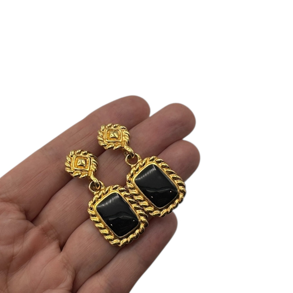 EarringsAnne Klein Gold and Black Enamel Dangle Pierced Earrings