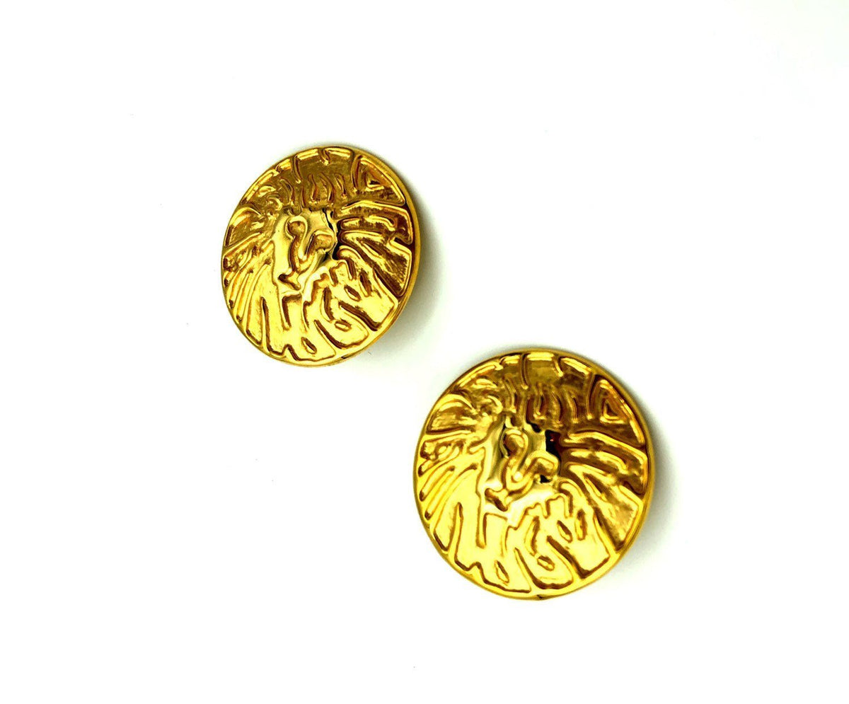 Anne Klein Gold Large Lion Logo Medallion Clip - On Earrings - 24 Wishes Vintage Jewelry