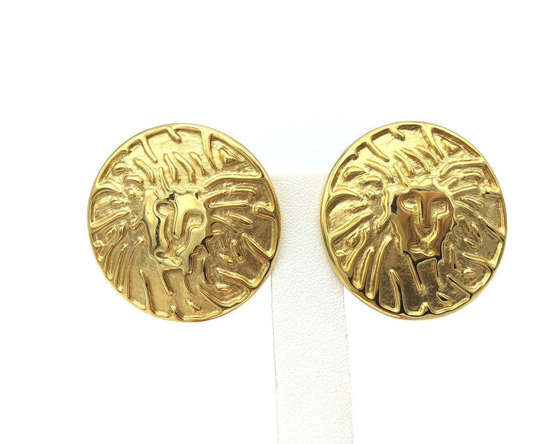 Anne Klein Gold Large Lion Logo Medallion Clip - On Earrings - 24 Wishes Vintage Jewelry