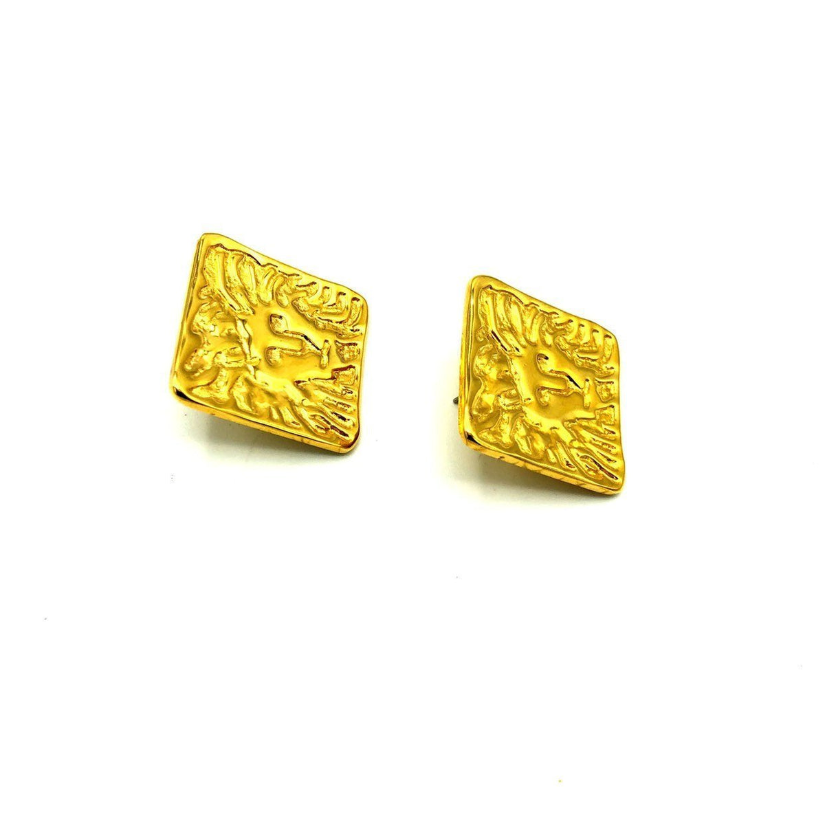 Anne Klein Gold Large Lion Logo Vintage Pierced Earrings - 24 Wishes Vintage Jewelry