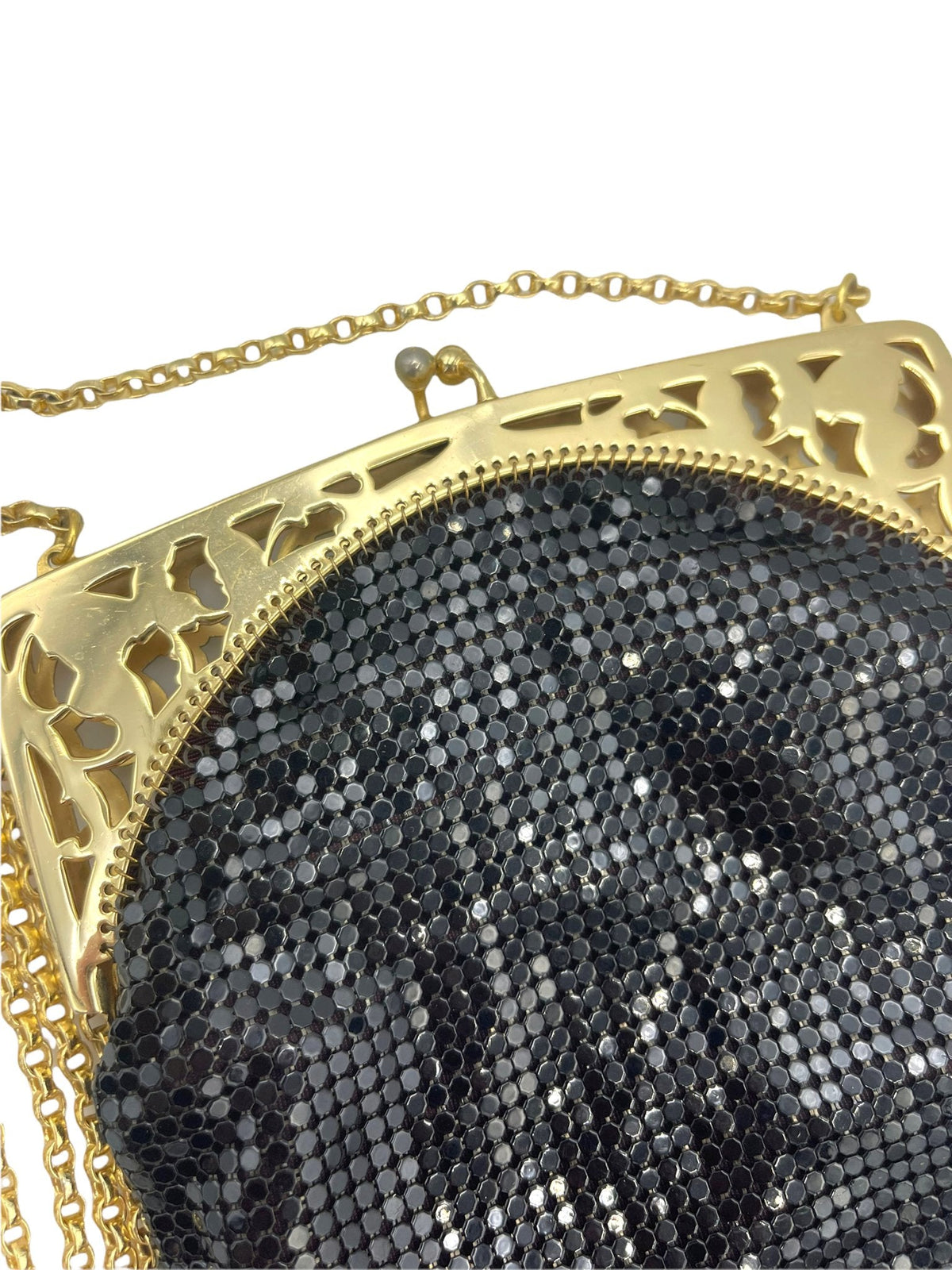 Art Deco Black Mesh Whiting & Davis Vintage Crossbody Handbag - 24 Wishes Vintage Jewelry