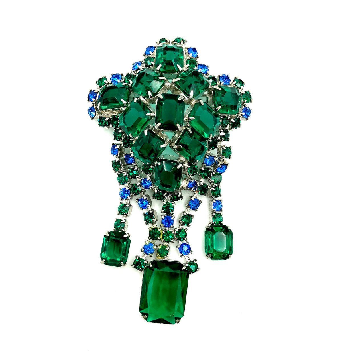 Art Deco Style Emerald Green & Blue Rhinestone Dangle Brooch