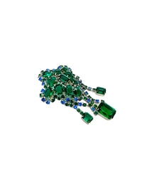 Art Deco Style Emerald Green & Blue Rhinestone Dangle Brooch - 24 Wishes Vintage Jewelry