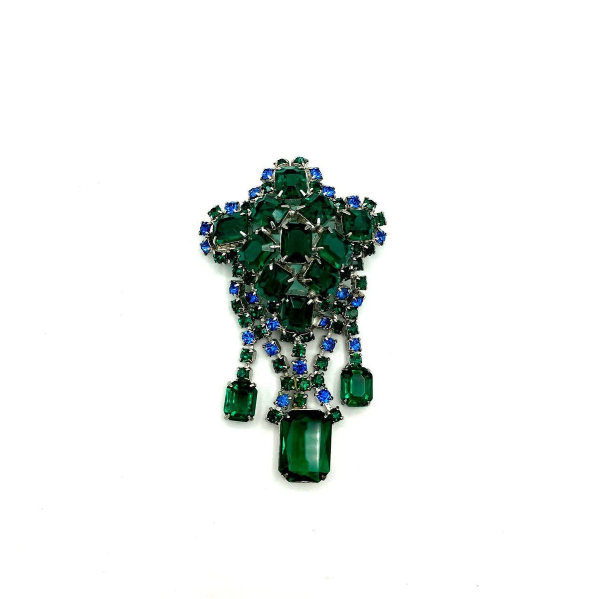 Art Deco Style Emerald Green & Blue Rhinestone Dangle Brooch - 24 Wishes Vintage Jewelry