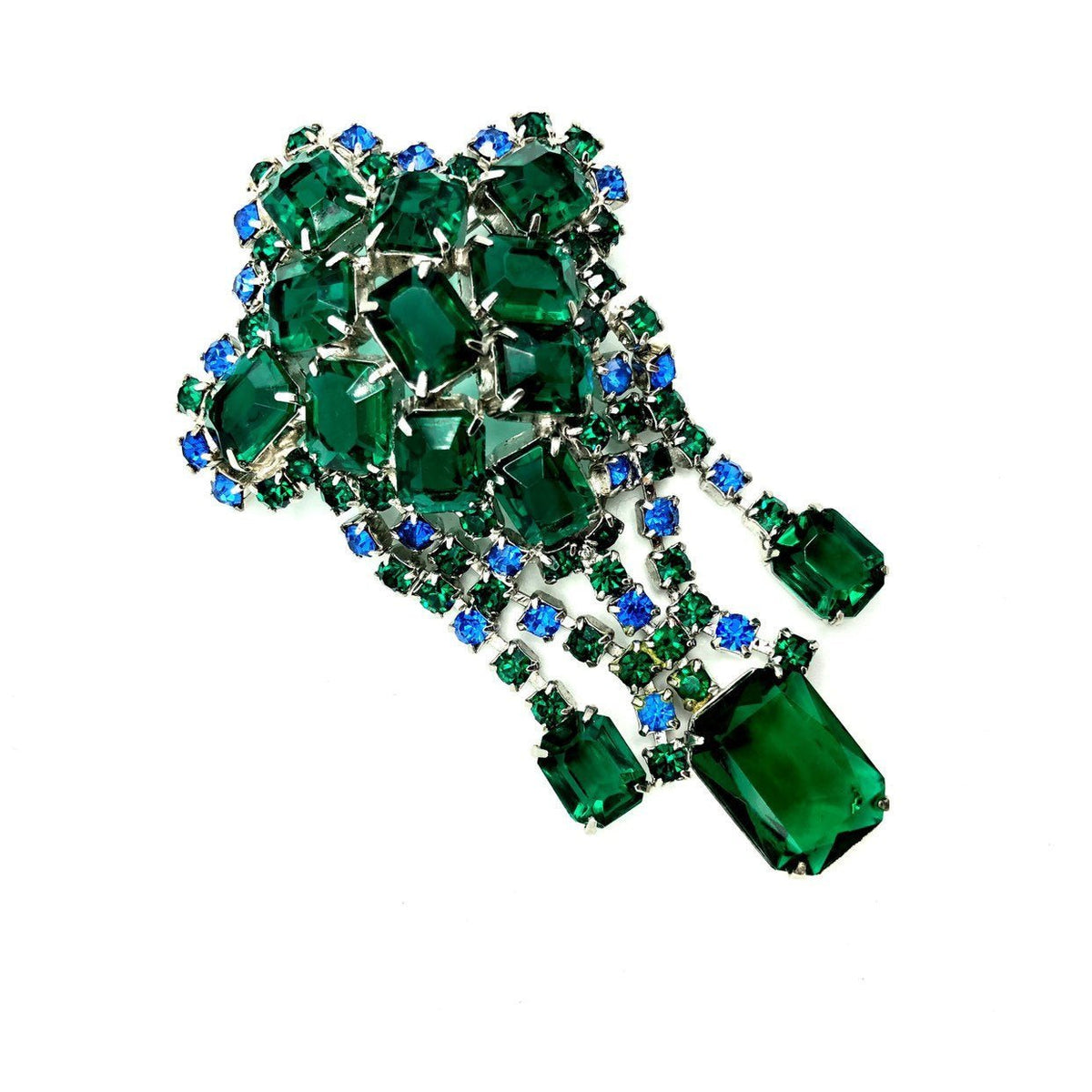 Art Deco Style Emerald Green & Blue Rhinestone Dangle Brooch - 24 Wishes Vintage Jewelry