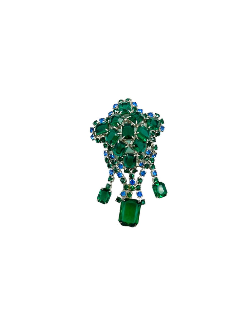 Art Deco Style Emerald Green & Blue Rhinestone Dangle Brooch - 24 Wishes Vintage Jewelry