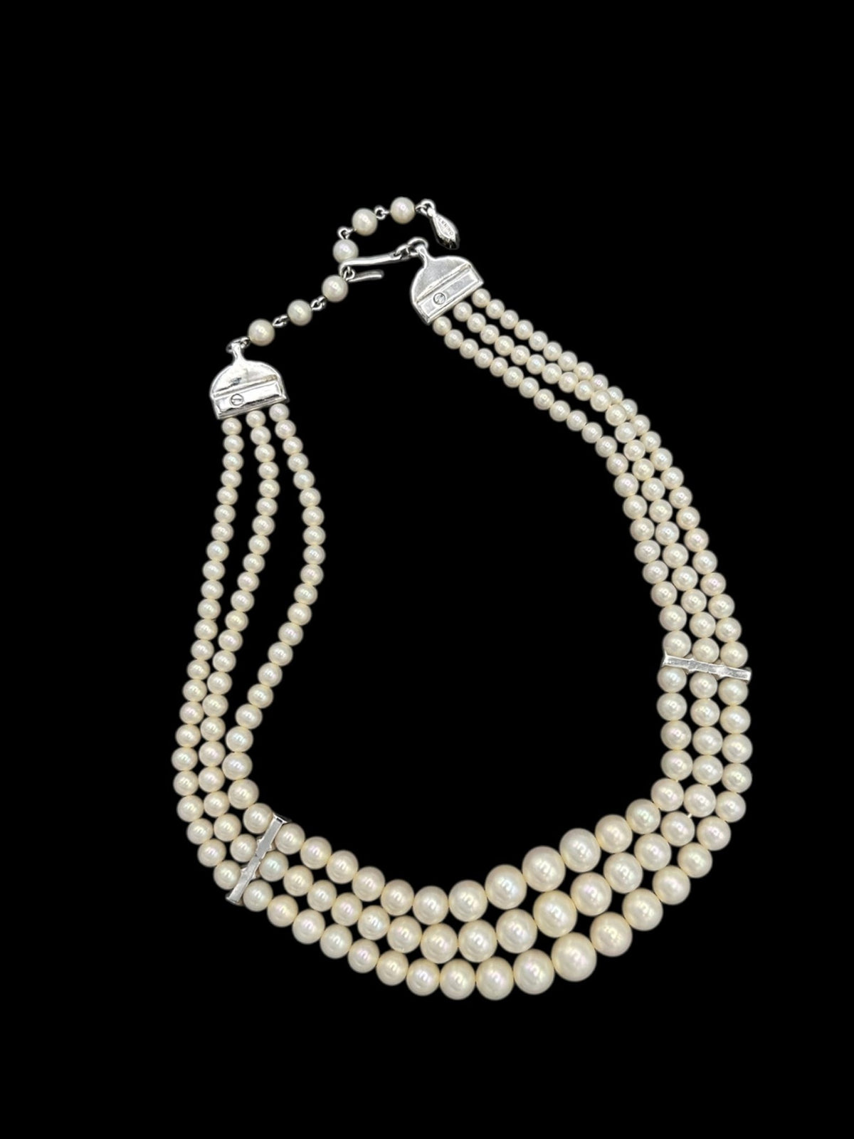 Art Deco Style Pennino Graduated Pearl & Rhinestone Classic Necklace - 24 Wishes Vintage Jewelry