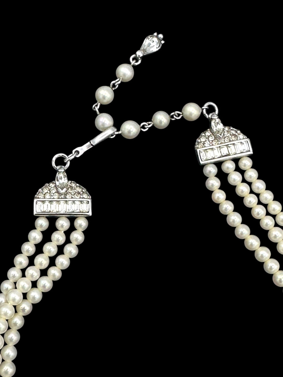 Art Deco Style Pennino Graduated Pearl & Rhinestone Classic Necklace - 24 Wishes Vintage Jewelry