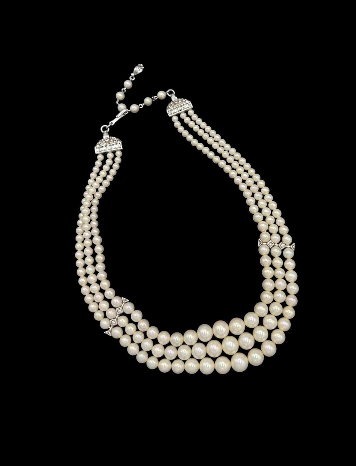Art Deco Style Pennino Graduated Pearl & Rhinestone Classic Necklace - 24 Wishes Vintage Jewelry
