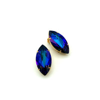 Austria Blue Rivoli Marquise Rhinestone Vintage Clip - On Earrings - 24 Wishes Vintage Jewelry