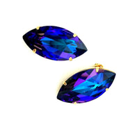 Austria Blue Rivoli Marquise Rhinestone Vintage Clip - On Earrings - 24 Wishes Vintage Jewelry