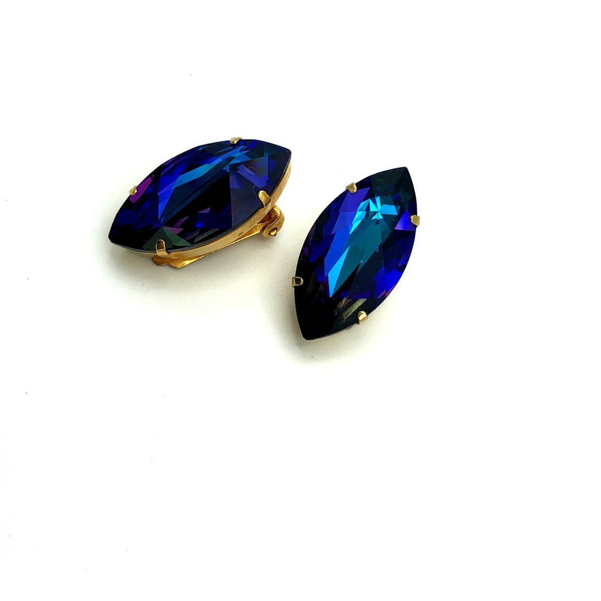 Austria Blue Rivoli Marquise Rhinestone Vintage Clip - On Earrings - 24 Wishes Vintage Jewelry