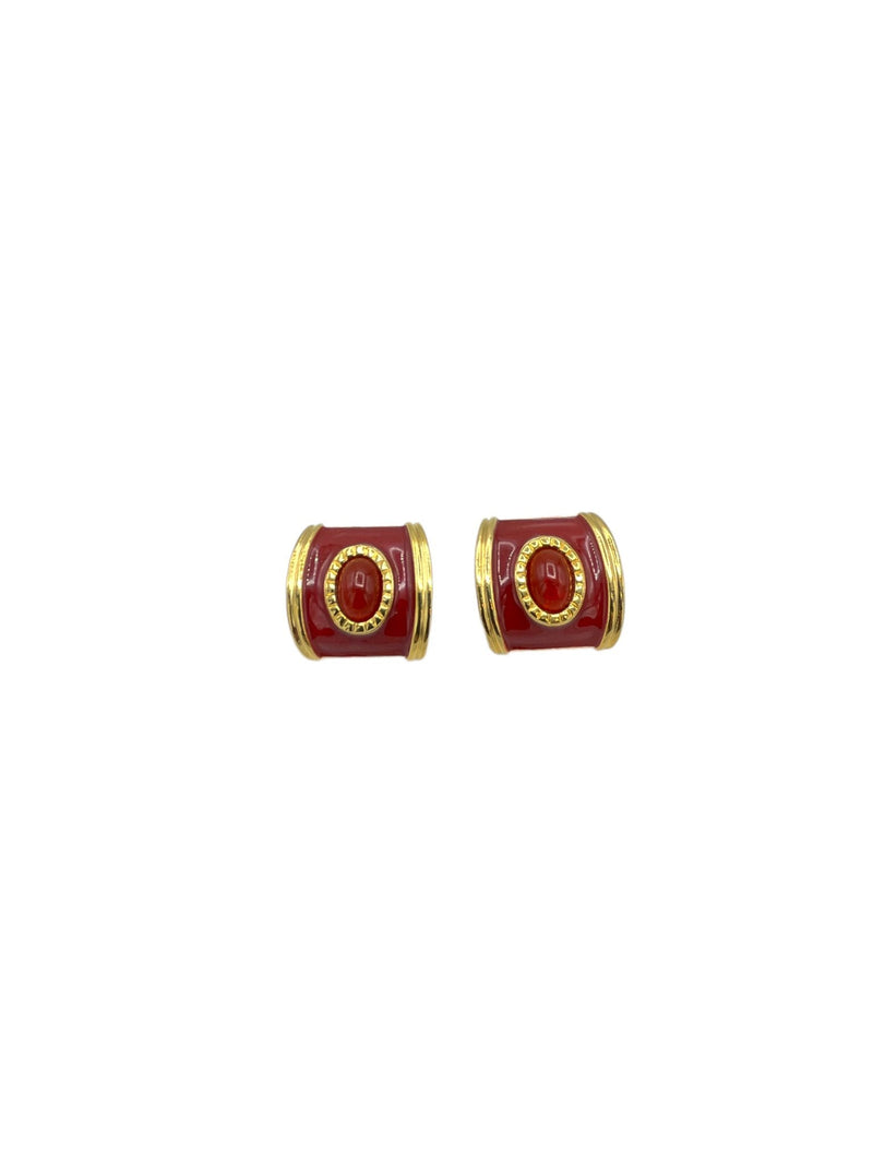 Avon Gold Red Enamel Cabochon Clip - On Earrings - 24 Wishes Vintage Jewelry