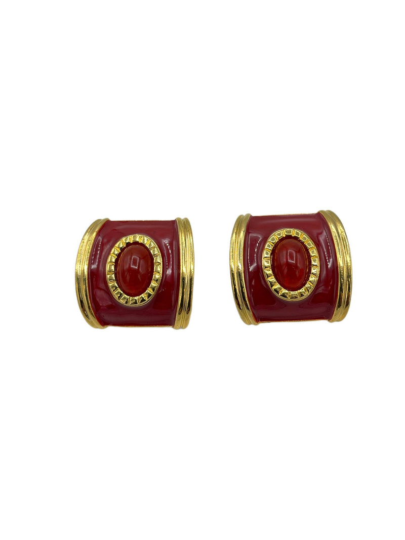 Avon Gold Red Enamel Cabochon Clip - On Earrings - 24 Wishes Vintage Jewelry