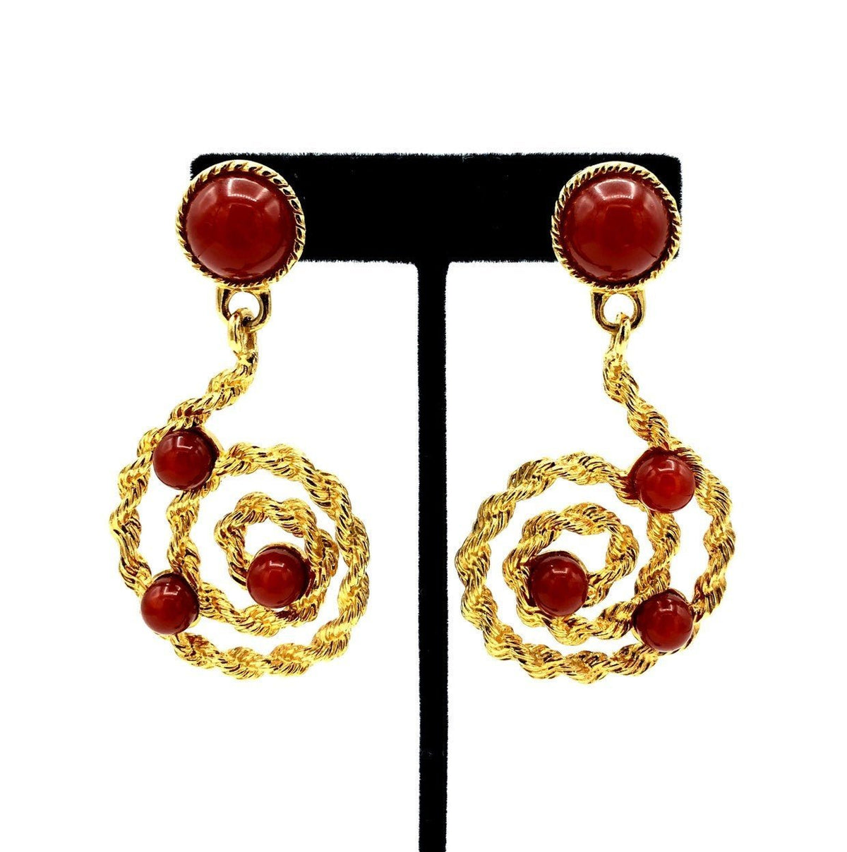 Avon Gold Scroll Carnelian Cabochons Dangle Vintage Clip - On Earrings - 24 Wishes Vintage Jewelry