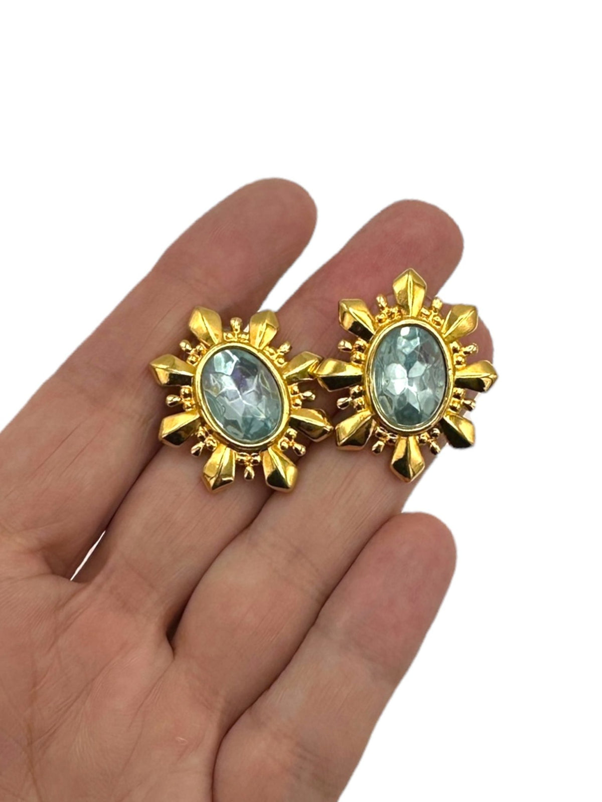 Avon Gold Starburst Blue Crystal Pierced Earrings - 24 Wishes Vintage Jewelry