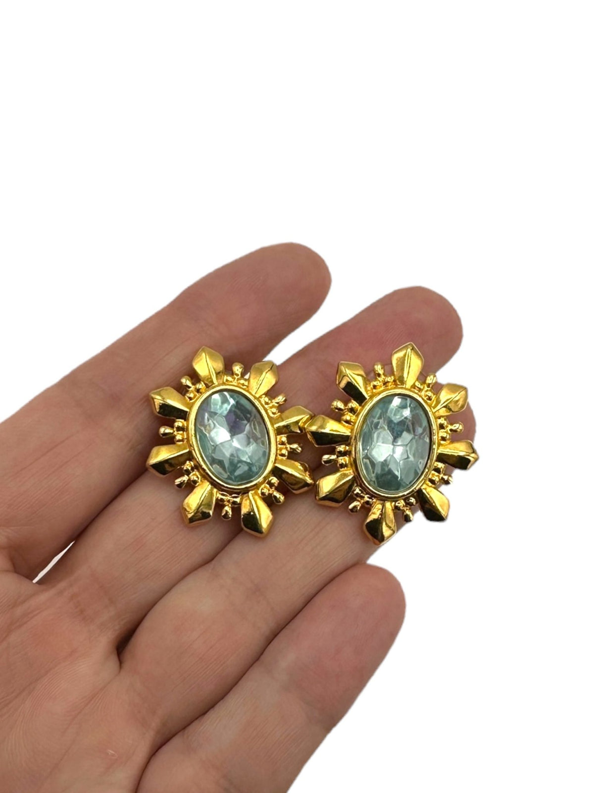 Avon Gold Starburst Blue Crystal Pierced Earrings - 24 Wishes Vintage Jewelry