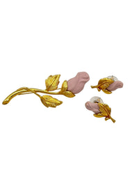 Avon Pink Ceramic Floral Rose Brooch & Earring Jewelry Set - 24 Wishes Vintage Jewelry