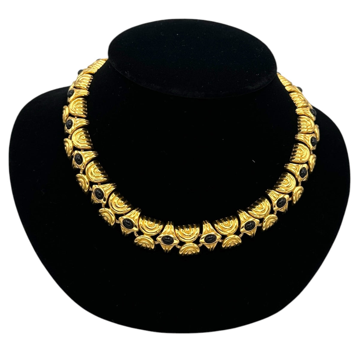 Vintage Gold Textured Link Black Cabochon Collar Necklace