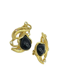 Barrera for Avon Granada Black Cabochon Clip - On Earrings - 24 Wishes Vintage Jewelry