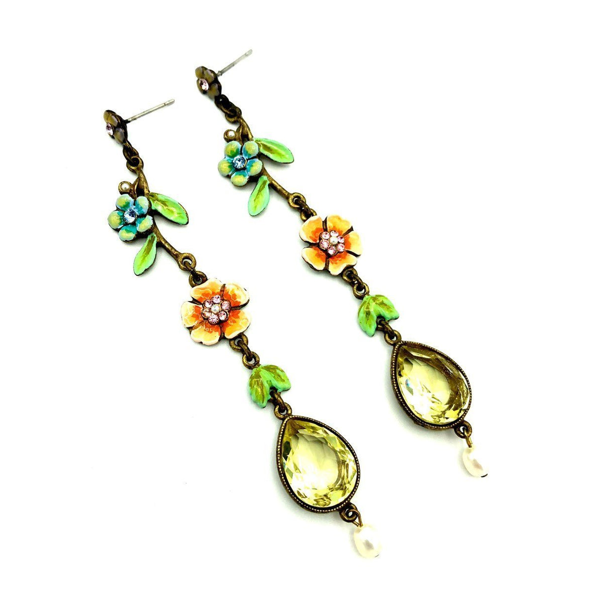 Ben Amun Crystal Flower Long Dangle Vintage Pierced Earrings - 24 Wishes Vintage Jewelry