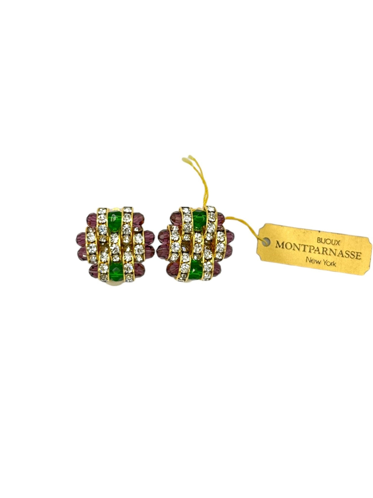 Bijoux Montparnasse Art Deco Style Green & Purple Basketweave Crystal Vintage Clip - On Earrings - 24 Wishes Vintage Jewelry