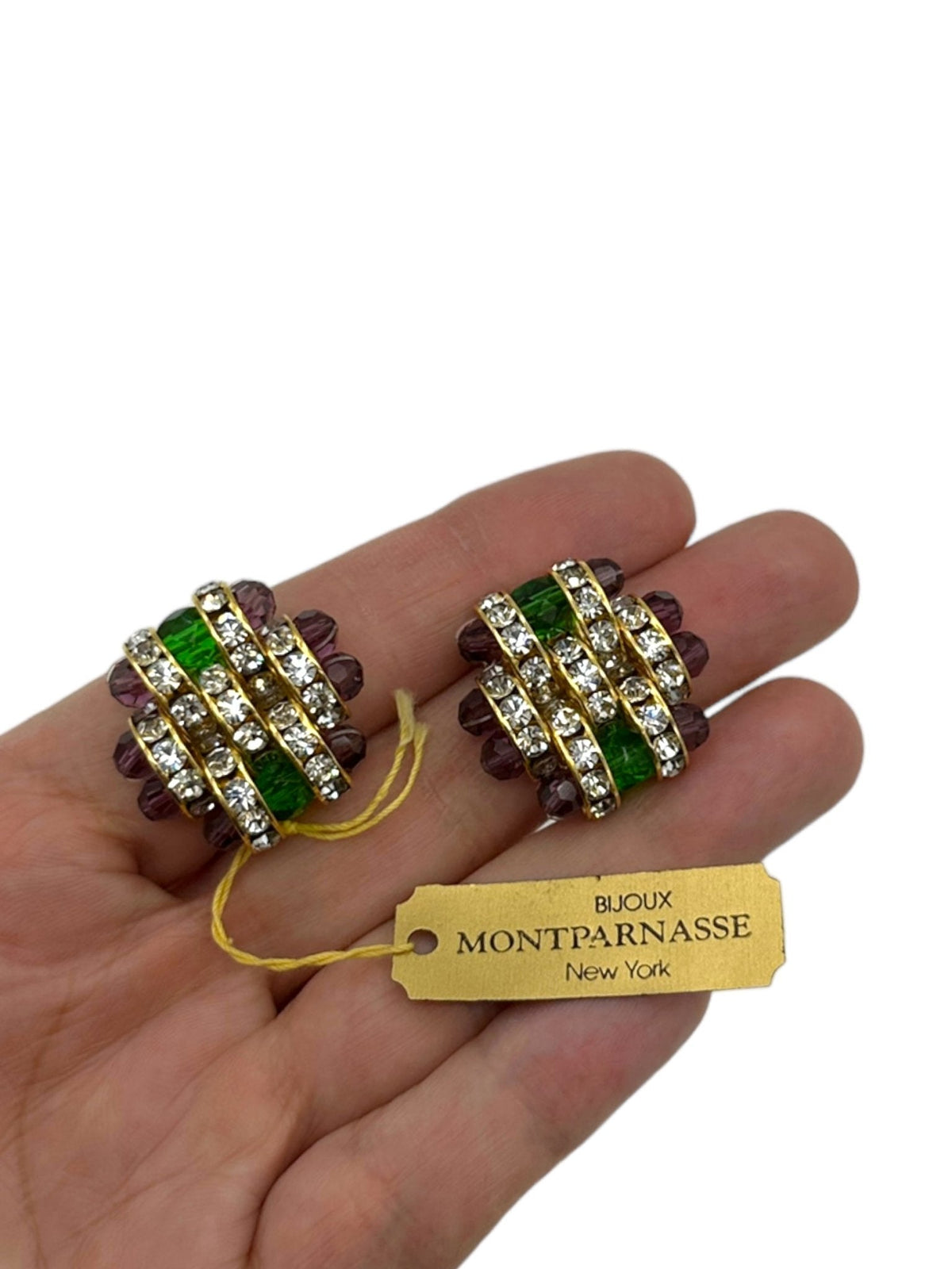 Bijoux Montparnasse Art Deco Style Green & Purple Basketweave Crystal Vintage Clip - On Earrings - 24 Wishes Vintage Jewelry