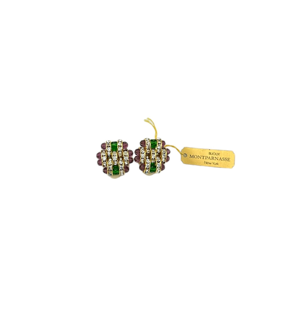 Bijoux Montparnasse Art Deco Style Green & Purple Basketweave Crystal Vintage Clip - On Earrings - 24 Wishes Vintage Jewelry