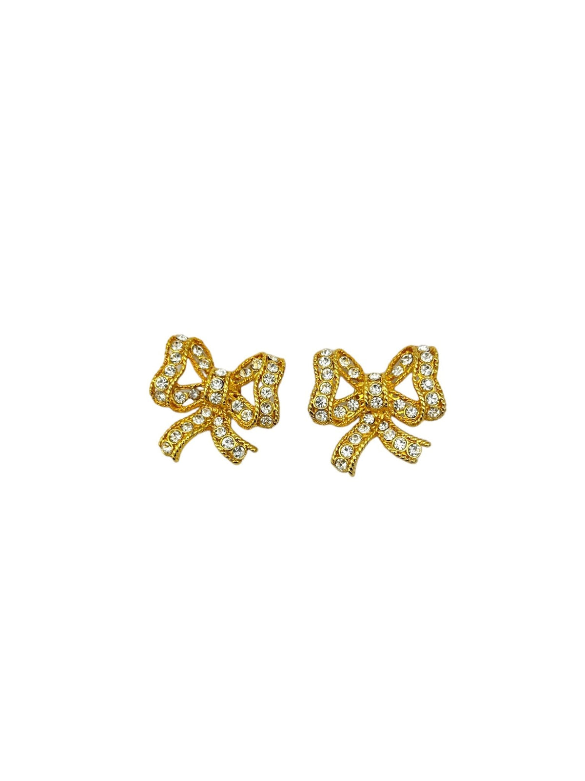 Blanca Gold Bow Ribbon Rhinestone Vintage Statement Clip - On Earrings - 24 Wishes Vintage Jewelry