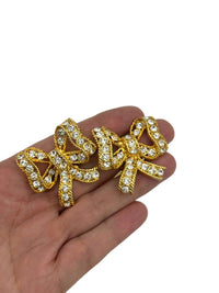 Blanca Gold Bow Ribbon Rhinestone Vintage Statement Clip - On Earrings - 24 Wishes Vintage Jewelry