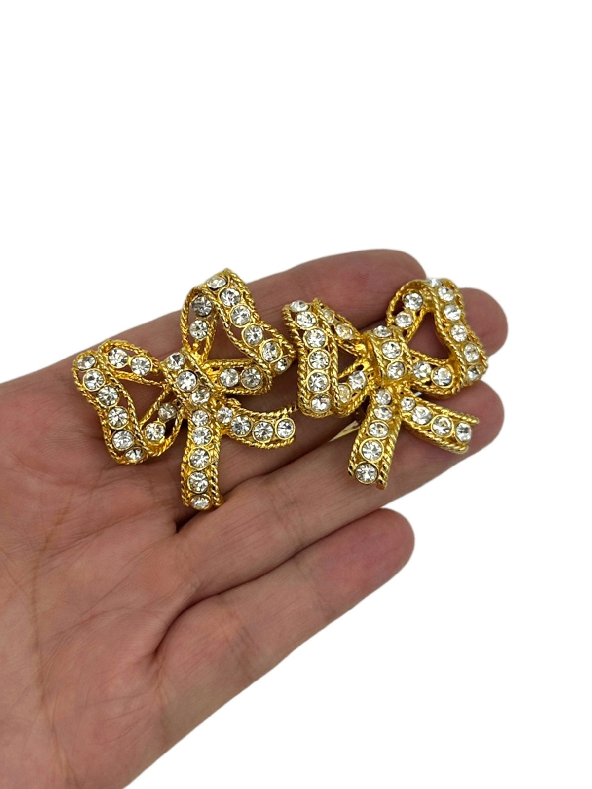 Blanca Gold Bow Ribbon Rhinestone Vintage Statement Clip - On Earrings - 24 Wishes Vintage Jewelry