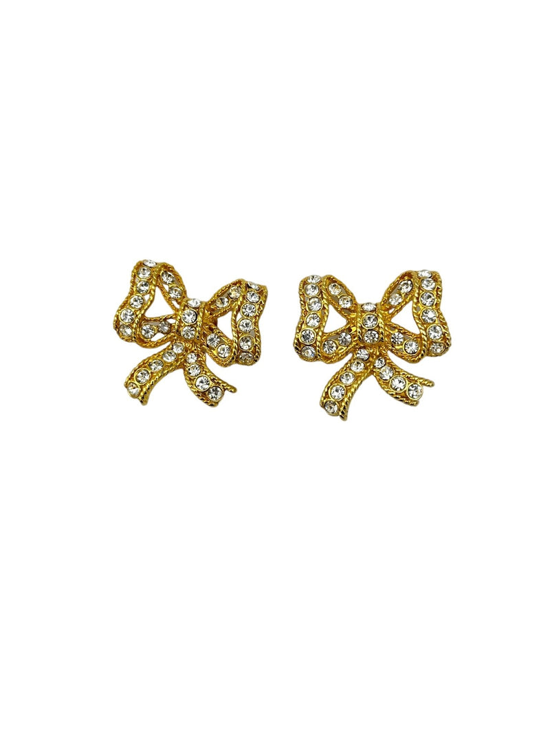 Blanca Gold Bow Ribbon Rhinestone Vintage Statement Clip - On Earrings - 24 Wishes Vintage Jewelry