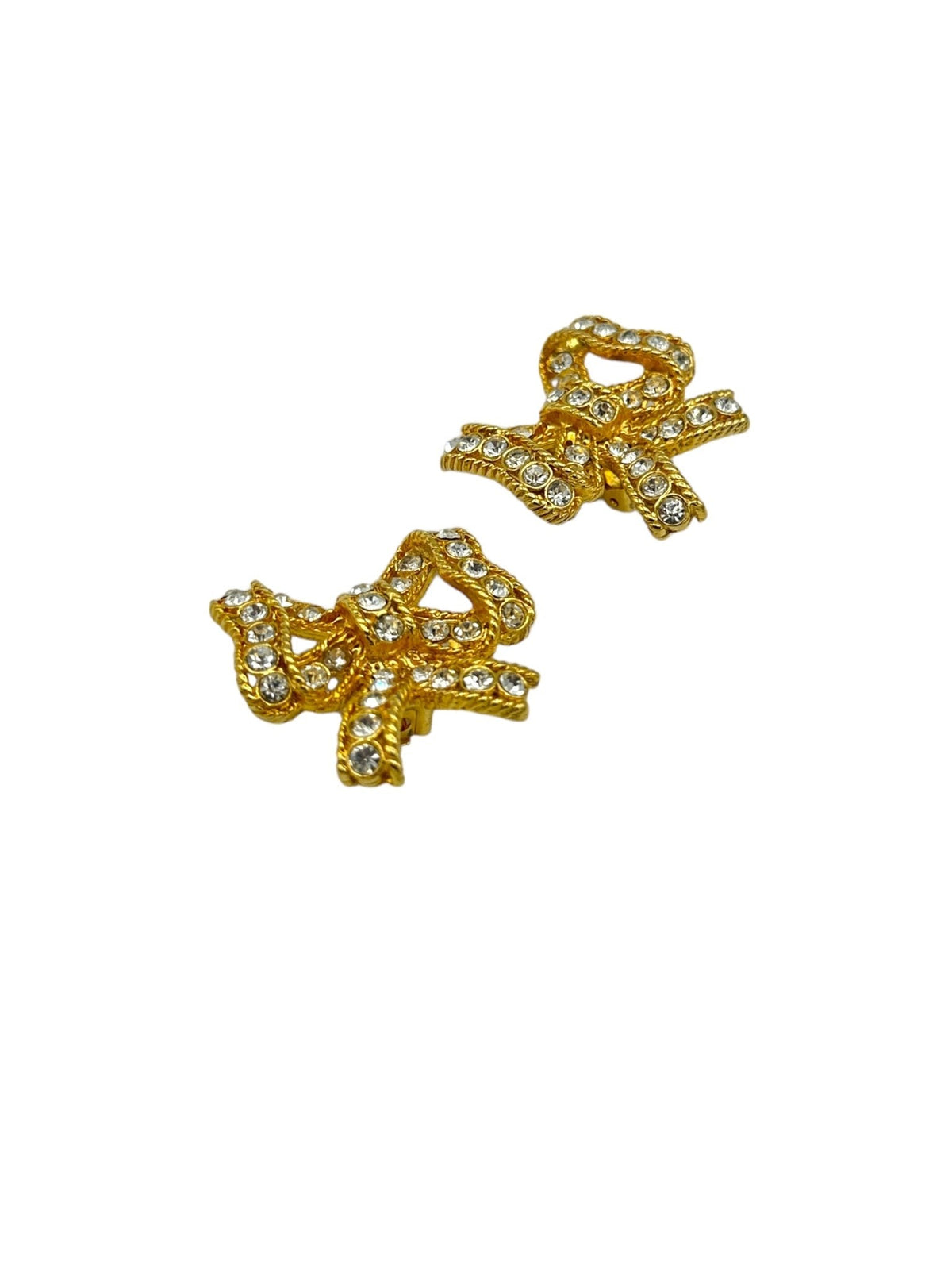 Blanca Gold Bow Ribbon Rhinestone Vintage Statement Clip - On Earrings - 24 Wishes Vintage Jewelry