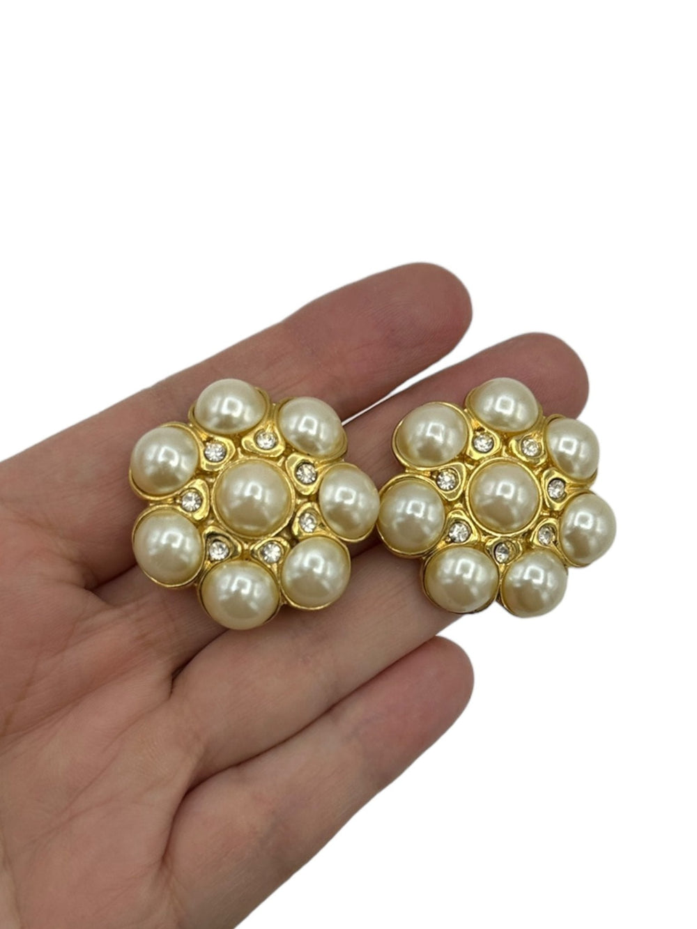 Blanca Gold Large Pearl & Rhinestone Vintage Statement Clip - On Earrings - 24 Wishes Vintage Jewelry