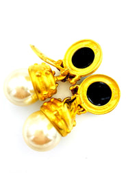 Blanca Matt Gold Pearl Dangle Vintage Statement Clip - On Earrings - 24 Wishes Vintage Jewelry