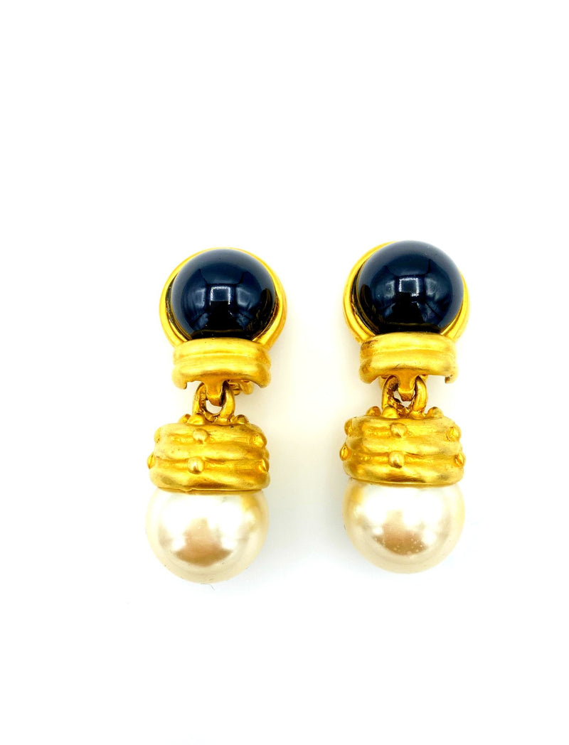 Blanca Matt Gold Pearl Dangle Vintage Statement Clip - On Earrings - 24 Wishes Vintage Jewelry