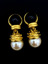 Blanca Matt Gold Pearl Dangle Vintage Statement Clip - On Earrings - 24 Wishes Vintage Jewelry