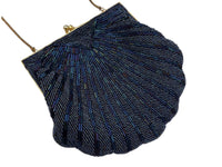 Blue Iridescent Beaded Seashell Clutch Crossbody Vintage Handbag - 24 Wishes Vintage Jewelry