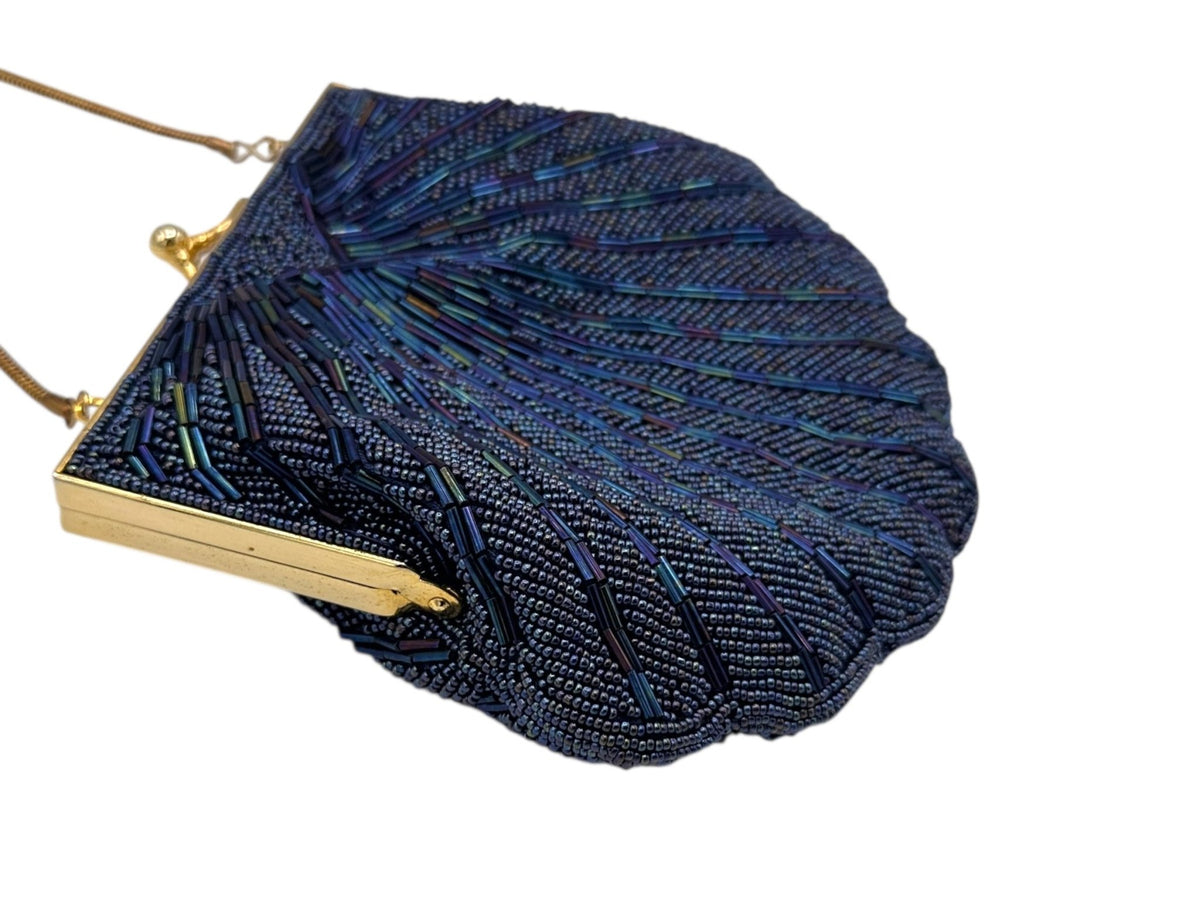 Blue Iridescent Beaded Seashell Clutch Crossbody Vintage Handbag - 24 Wishes Vintage Jewelry