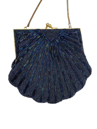 Blue Iridescent Beaded Seashell Clutch Crossbody Vintage Handbag - 24 Wishes Vintage Jewelry