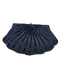 Blue Iridescent Beaded Seashell Clutch Crossbody Vintage Handbag - 24 Wishes Vintage Jewelry