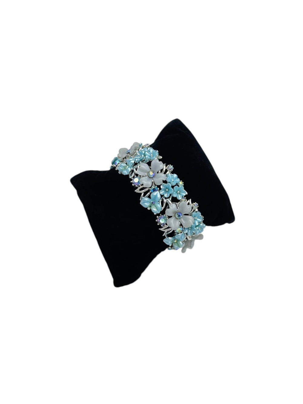 Blue & White Floral AB Rhinestone Layered Vintage Bracelet Signed Art - 24 Wishes Vintage Jewelry