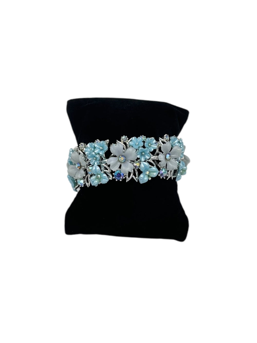 Blue & White Floral AB Rhinestone Layered Vintage Bracelet Signed Art - 24 Wishes Vintage Jewelry