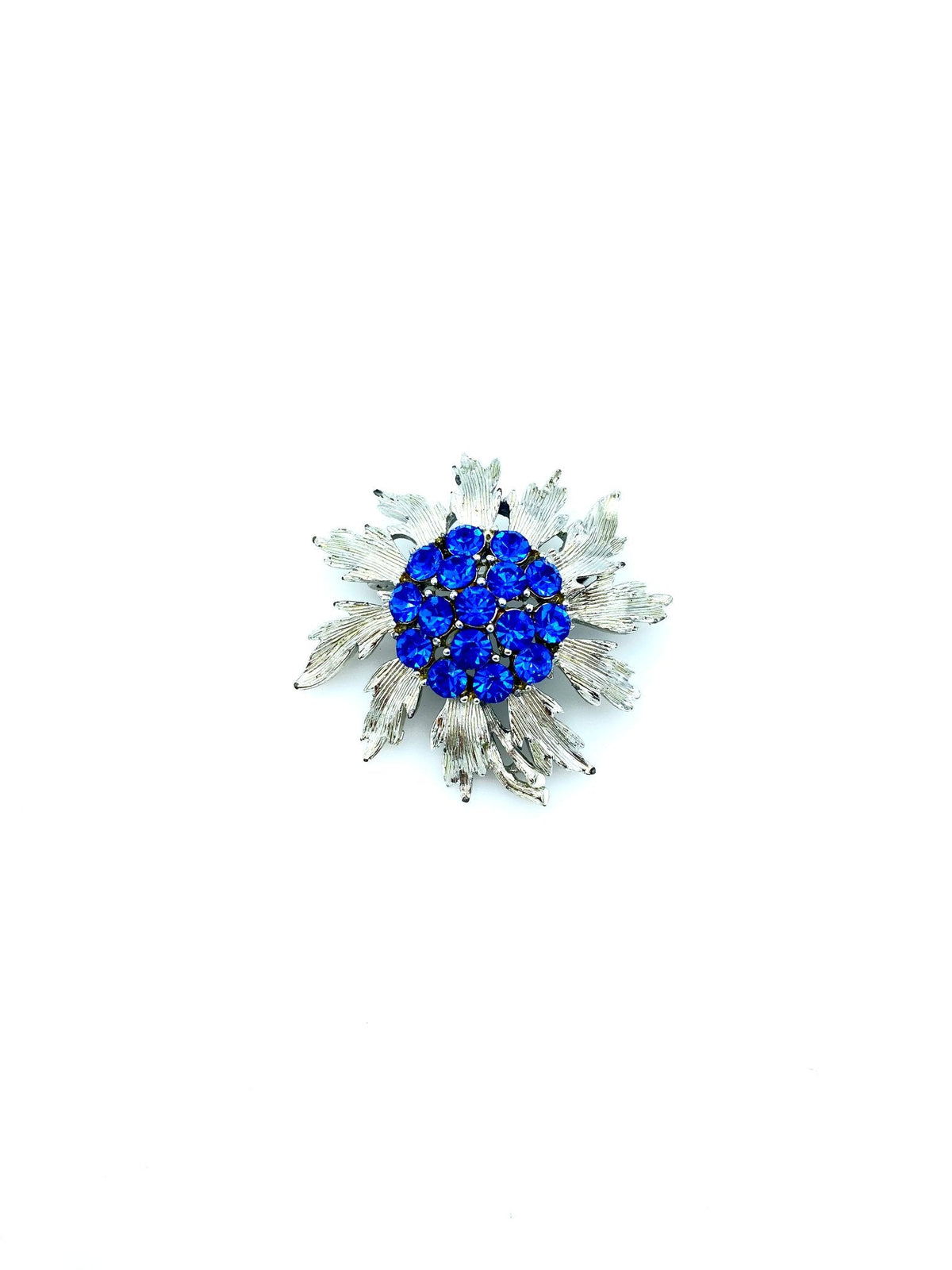 Bright Blue Rhinestone Flower Vintage Silver Brooch - 24 Wishes Vintage Jewelry