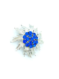 Bright Blue Rhinestone Flower Vintage Silver Brooch - 24 Wishes Vintage Jewelry