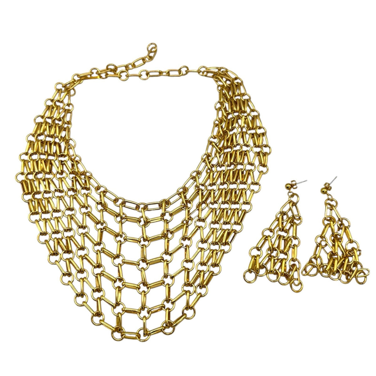Jewelry SetsBright Gold Tone Chain Maille Bib Necklace Matching Earrings Set