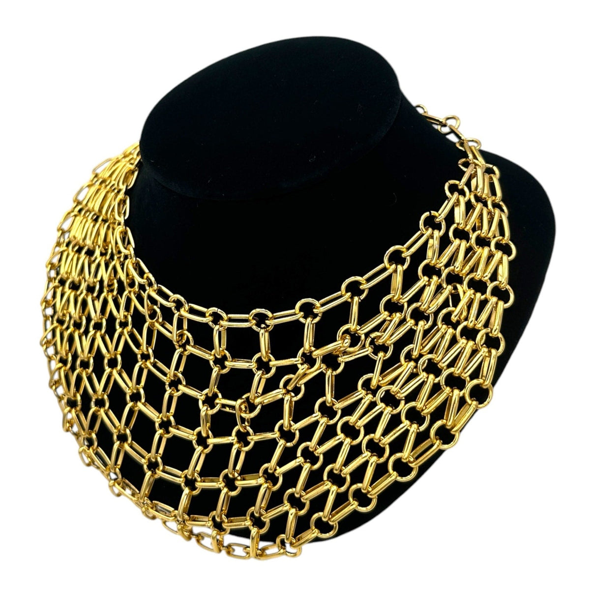 Jewelry SetsBright Gold Tone Chain Maille Bib Necklace Matching Earrings Set