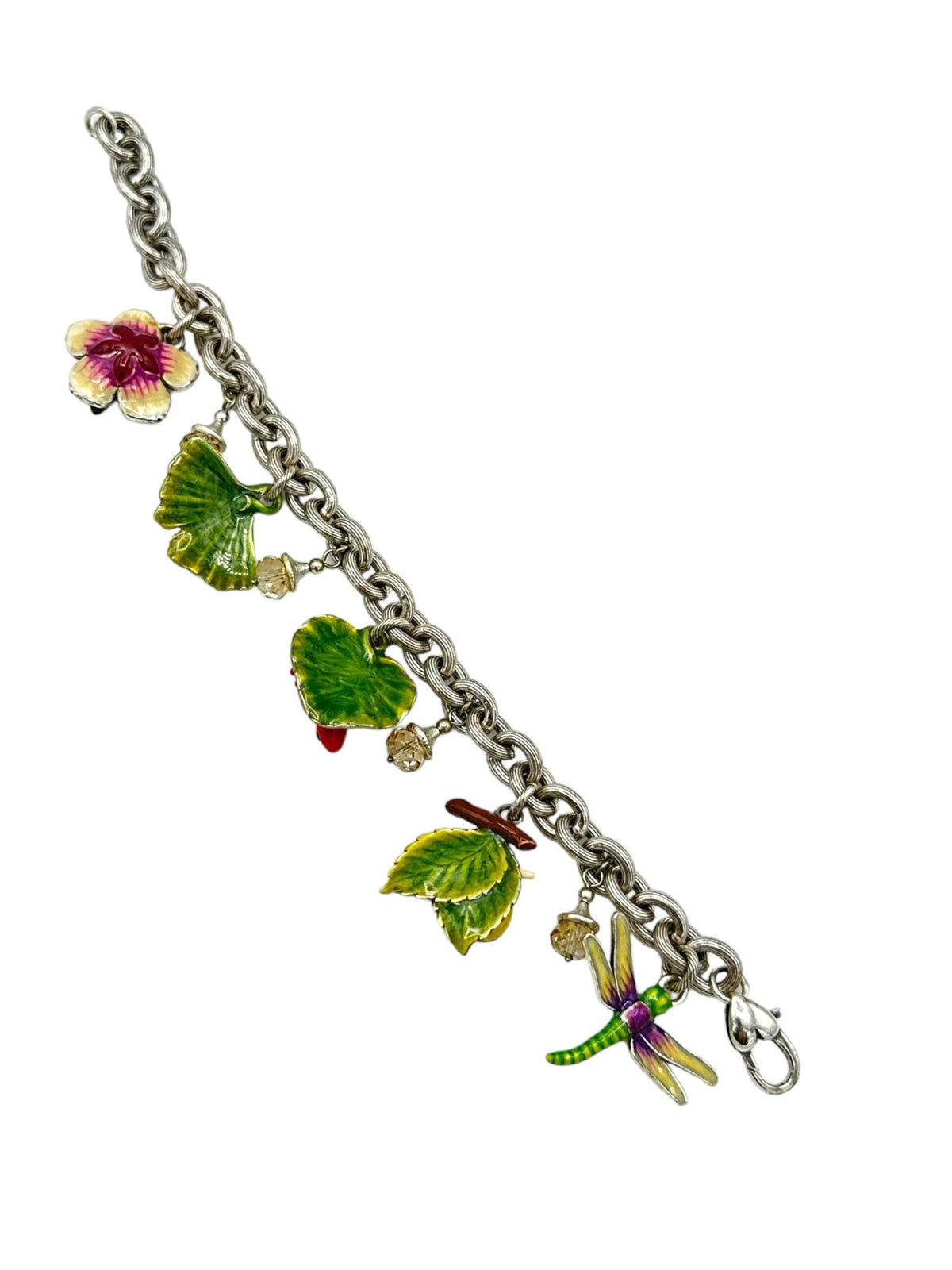 Brighton Retired Jewelry Enamel Floral Pond 'Marvels' Silver Charm Bracelet - 24 Wishes Vintage Jewelry